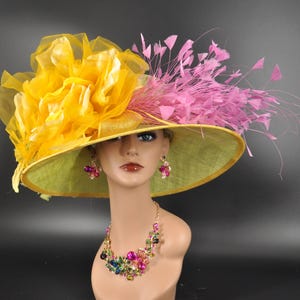 Color Your World: Green w Yellow Pink Wide Brim Sinamay Hat, Kentucky Derby Hat, Church hat, Tea Party, Custom hat, Formal Hat, Fashion Hat