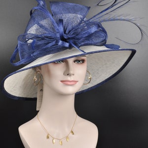 White w Navy Blue Wide Brim Sinamay Hat, Kentucky Derby Hat, Church hat, Tea Party Hat, Custom hat, Formal Hat, Fashion Hat