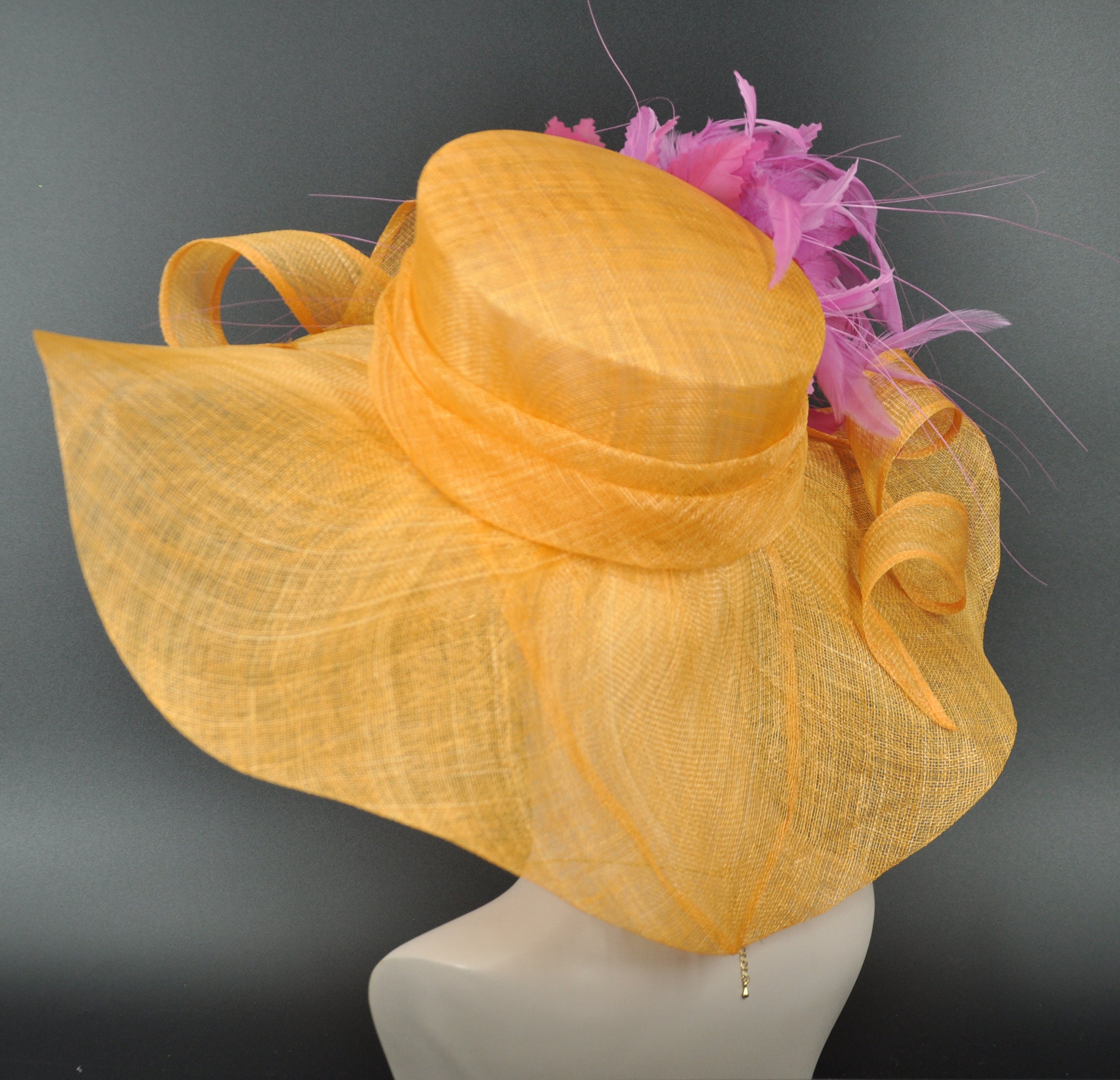 Orange Sinamay Derby Hat, Hot Pink Feather Flower, Wide Brim  display picture 3