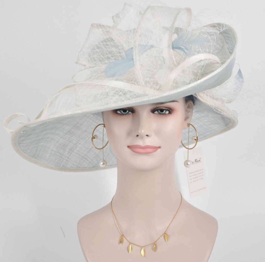 Powder Blue W White Kentucky Derby Hat, Tea Party Carriage Party 17.5