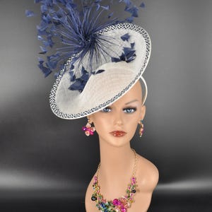 White W Navy Blue Sinamay Disc Fascinator Hat with  Jumbo  Feather Flower