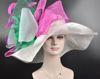 Wide Brim Sinamay Hat, Kentucky Derby Hat, Church hat, Tea Party Hat, Custom hat, Formal Hat, Fashion Hat White Fuchsia Pink Kelly Green