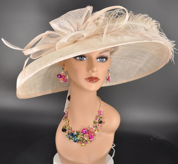 Champagne Feathered Wide Brim Kentucky Derby Hat, Ascot Hat 