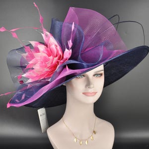 Church Kentucky Derby Hat Carriage Tea Party Wedding Wide Brim Sinamay Hat  Navy Blue W Mix Pink