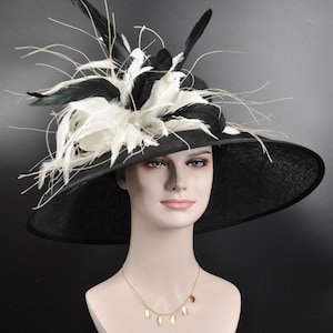 Church Kentucky Derby Hat Carriage Tea Party Wedding Wide Brim  Sinamay Hat Black