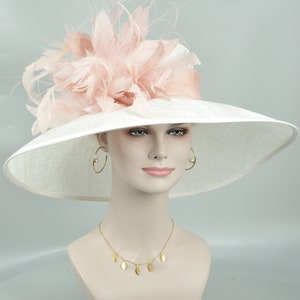 Church Kentucky Derby HatCarriage Tea Party Wedding Wide Brim  Royal A Hat  Sinamay Hat  White w Dusty Pink Feather Flower