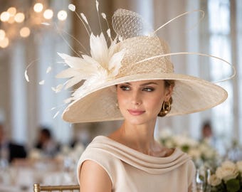 Wide Brim Sinamay Feather Flower Hat Kentucky Derby, Race Day Party, Carriage Party, Royal Ascot , Tea Garden Party, Wedding Champagne Ivory