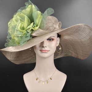 Taupe w Green Jumbo Silk Flower, Kentucky Derby hat, Church hat, Wedding hat, Tea Party hat , Floppy Wide Brim Sinamay Dress Hat
