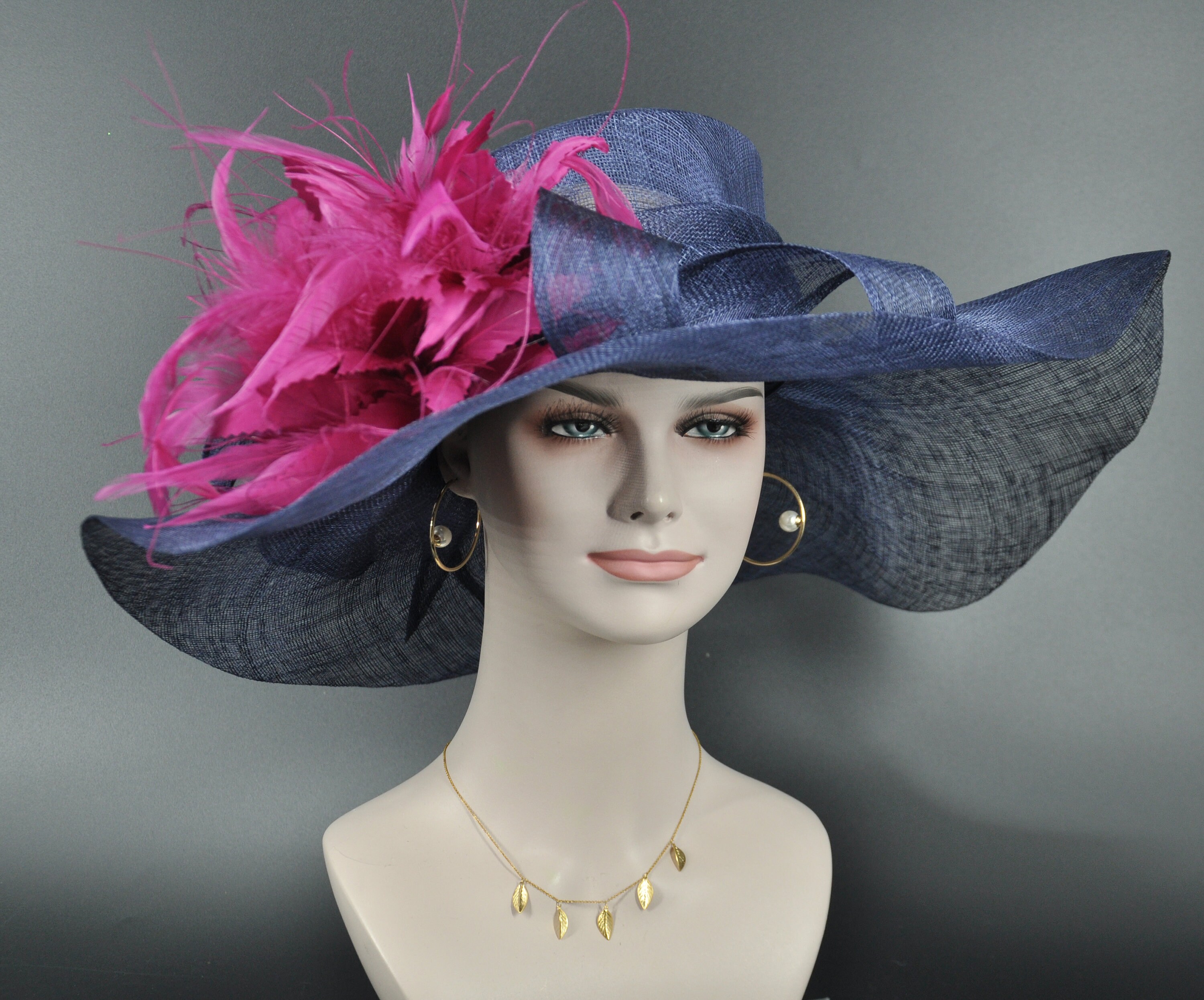 Navy Blue Sinamay Derby Hat: Feather Flower Wide Brim - Etsy