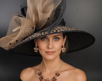 Wide Brim Kentucky Derby Hat, Ascot Hat for Wedding & Tea Party, Garden Party Hat, Mother of the Bride, Church – Black w Leopa