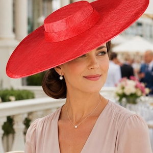 Tocado de sinamay de ala ancha rojo, sombrero Ascot Royal para bodas, carreras, Derby de Kentucky, fiestas, madre de la novia