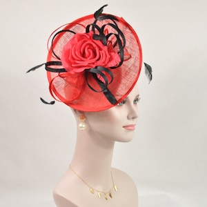 Red Silk Flower with  Sinamay Fascinator Hat bridal hat, royal ascot hat, kentucky derby hat, races hat