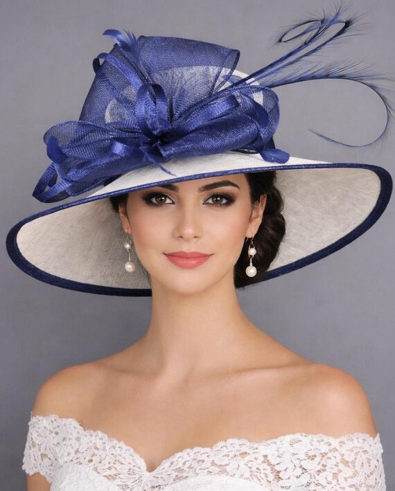 Glamorous Blue & White Church Dress Hat M22021( White Navy ) Kentucky Derby Hat, Wedding Hat, Easter  main image 2