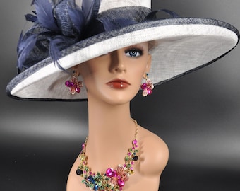 Church  Kentucky Derby Hat Carriage Tea Party Wedding Wide Brim Woman’s Royal Ascot Hat in Solid Sinamay Hat  White w Navy Blue
