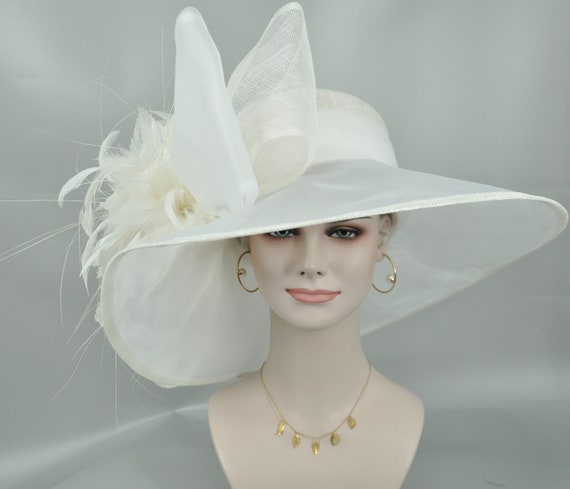 White Feather Flower Derby Hat: Wide Brim Sinamay Organza - Etsy