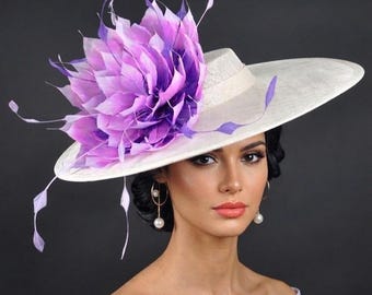 White Lilac Purple Lavendr Wide Brim Sinamay Fascinator Hat Ascot Royal Hat Wedding Kentucky Derby Hat Tea Garden Party  Mother of The Bride