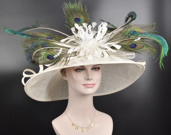 Church Kentucky Derby Hat Carriage Tea Party Wedding Wide Brim Women's Sinamay Hat W Peacock Feather Flower and Sinamay Bows Off White/Ivory