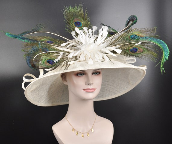 Ivory Peacock Feather Flower Kentucky Derby Hat Ivory, Blue Peacock Feathers Wide Brim Kentucky Derby Hat  main image 2