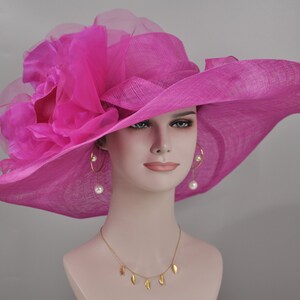 Fuchsia/Hot Pink Jumbo Silk Flower, Kentucky Derby hat, Church hat, Wedding hat, Tea Party hat , Floppy Wide Brim Sinamay Dress Hat