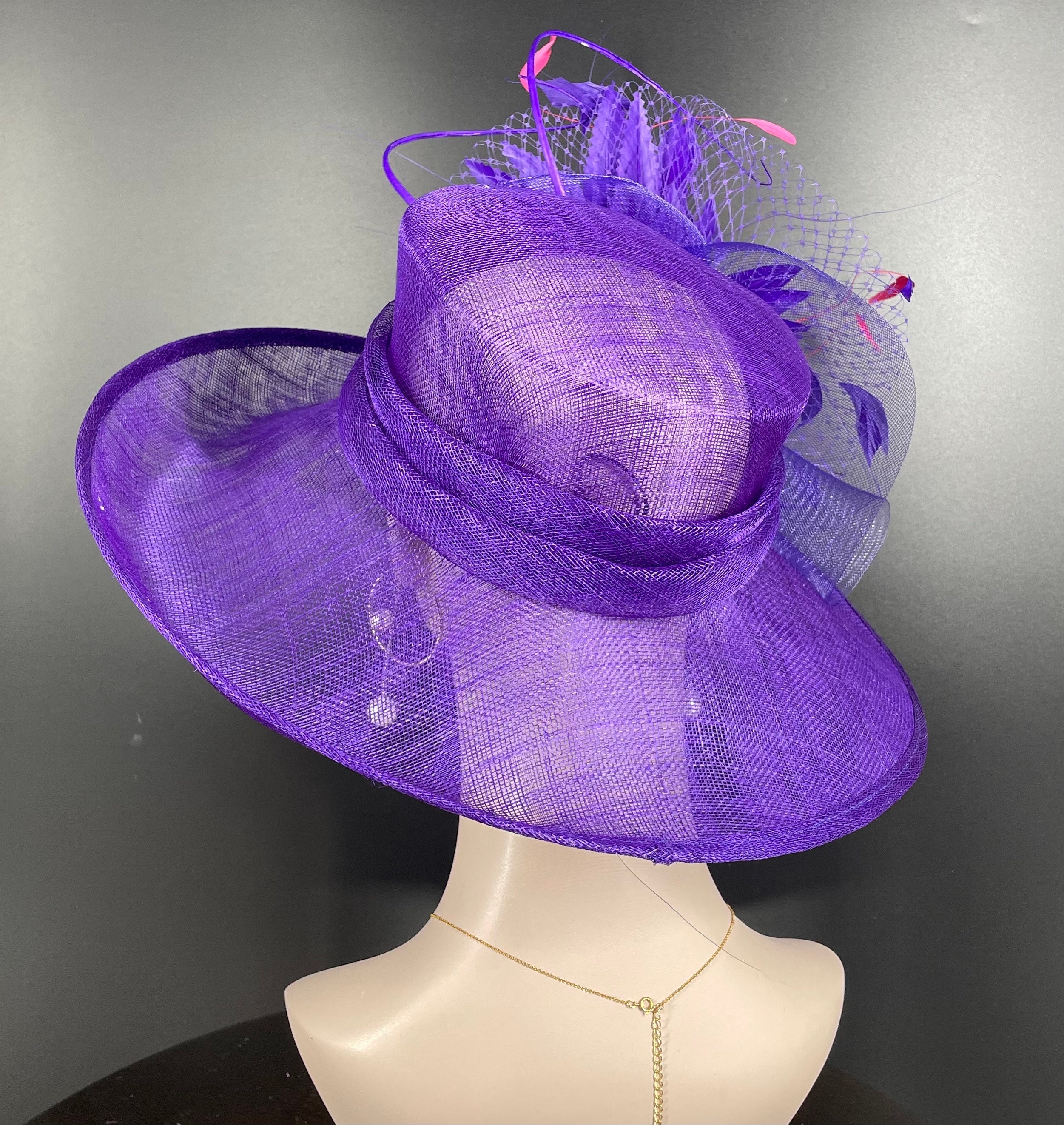 Purple Hot Pink Feather Flower Wide Brim Kentucky Derby Hat 