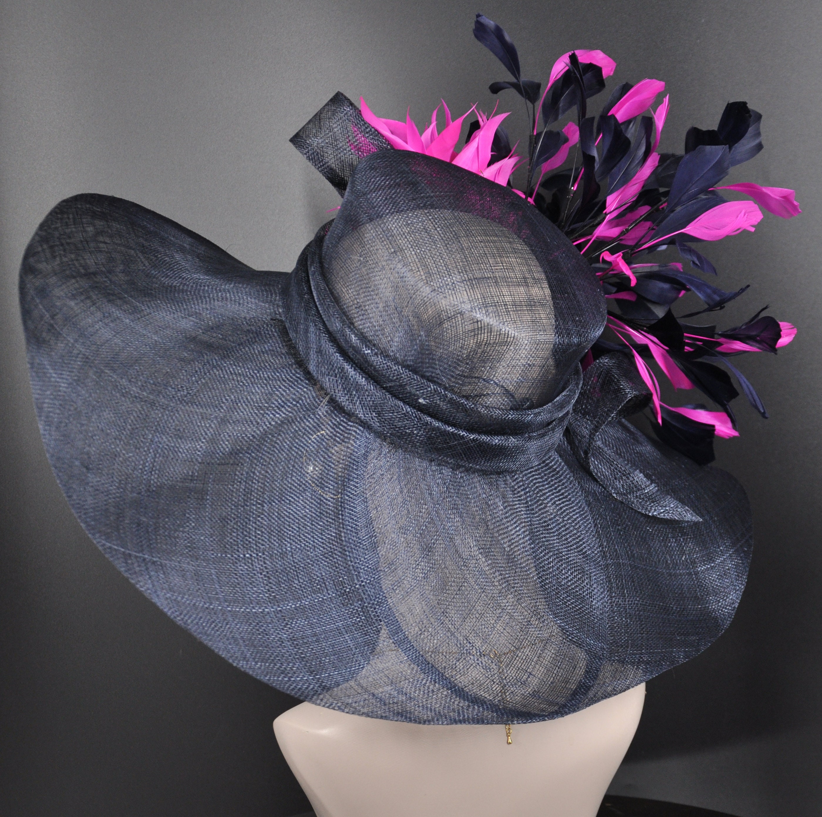 Navy Blue Fuchsia Pink Feather Flower Wide Brim Kentucky  display picture 1