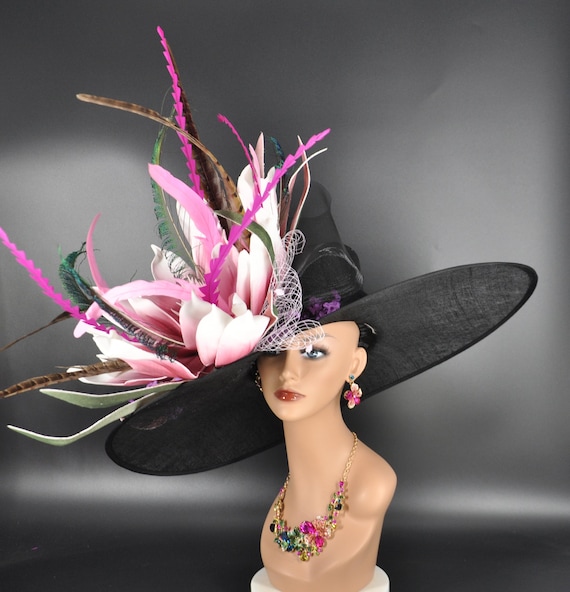 Dramatic Black Feathered Fascinator Floral Showstopper Kentucky Derby Tea … Zinniday Small Tea Party Hat - Black Veil Elegant Kentucky  main image 2