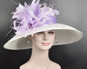 Church Kentucky Derby Hat Carriage Tea Party Wedding Wide Brim  Royal Ascot Hat in Solid Sinamay Hat White with Lavender