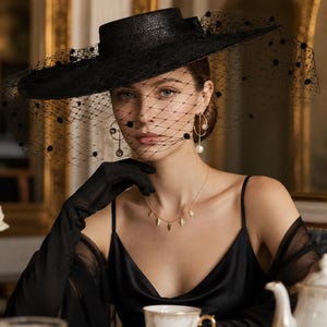 Black Wide Brim Fascinator Hat with Veil 18 Inch Sinamay Ascot Hat for Wedding Race Day Mother of the Bride
