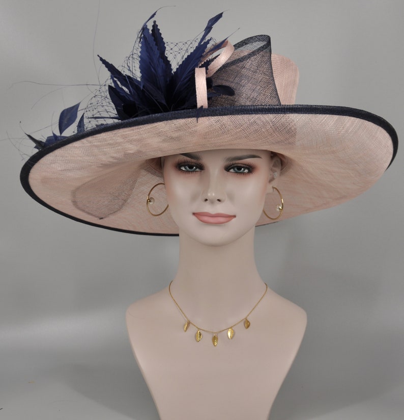 Pu&ograve; includere: Un cappello a tesa larga con una base in paglia rosa e un bordo blu navy. Il cappello ha una piuma blu navy e un ricamo a rete.