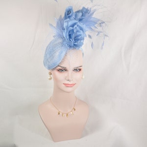 Powder Blue Sinamay w Jumbo Silk Flower Goose and Rooster Feather Flowers Fascinator Hat  Made On A Same Color Headband