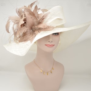 off White/ Ivory w Taupe White Feather Flower Kentucky Derby Hat, Church Hat, Wedding Hat, Easter Hat,  Wide Brim  Sinamay  Hat