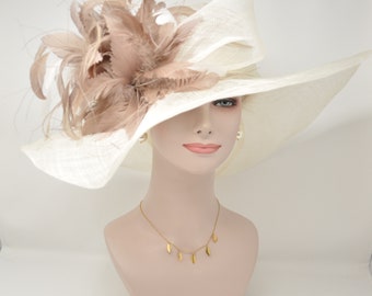 off White/ Ivory w Taupe White Feather Flower Kentucky Derby Hat, Church Hat, Wedding Hat, Easter Hat,  Wide Brim  Sinamay  Hat