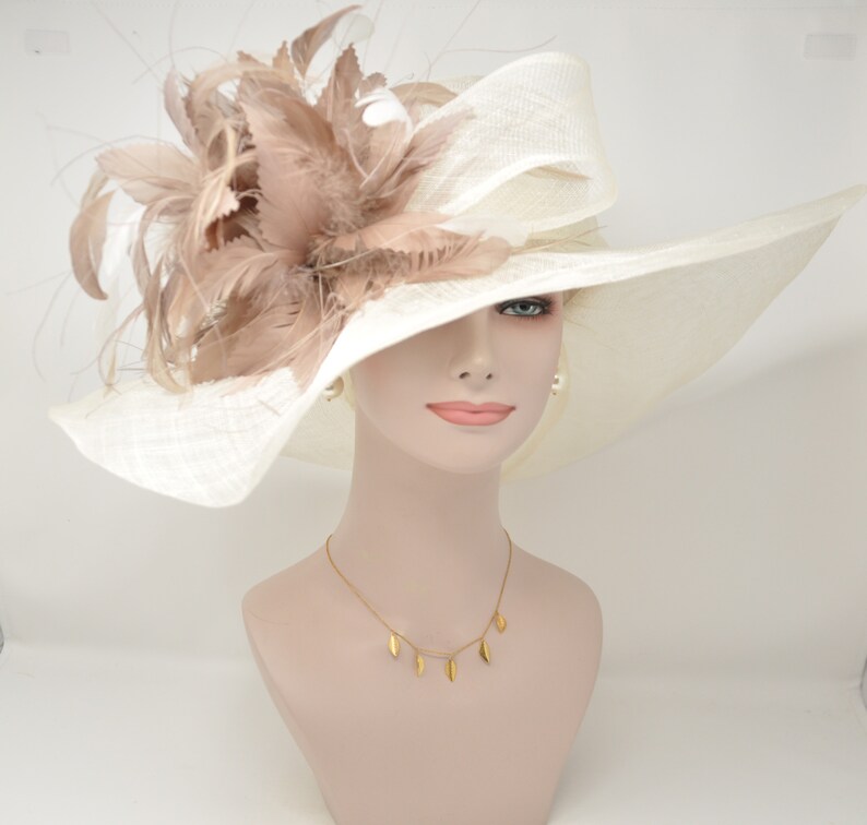 off White/ Ivory w Taupe White Feather Flower Kentucky Derby Hat, Church Hat, Wedding Hat, Easter Hat, Wide Brim Sinamay Hat image 1