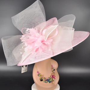 Church Kentucky Derby Hat Carriage Tea Party Wedding Wide Brim Sinamay Hat Pink w Ivory/Off white