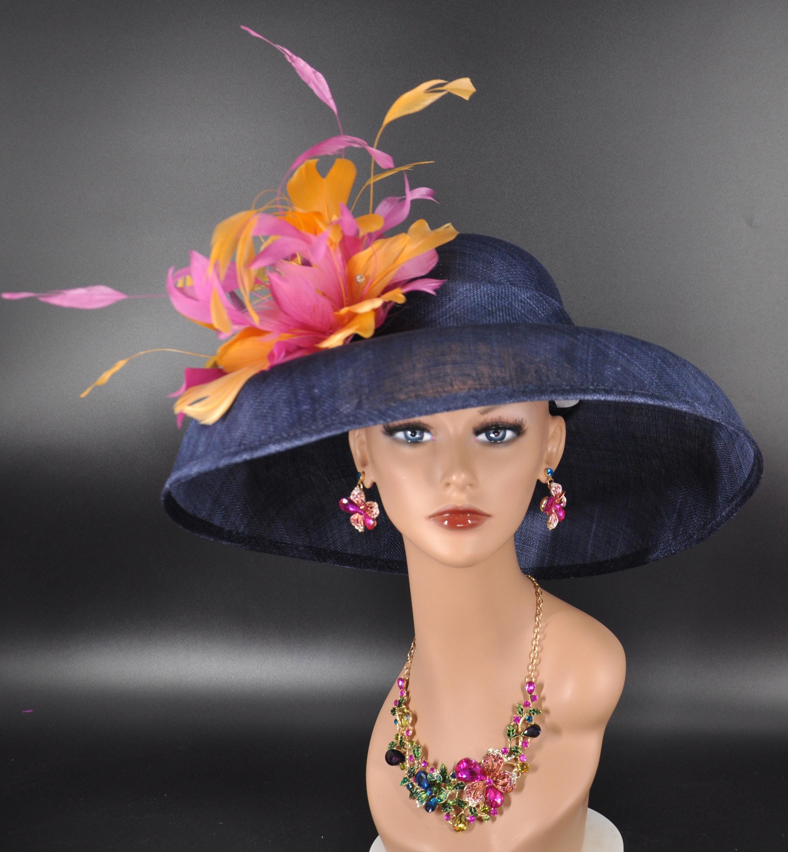 Navy Blue Pink Gold Wide Brim Sinamay Hat for Kentucky Derby