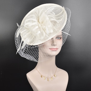 Sinamay Disc Fascinator Hat with Feathers and Netting White Kentucky Derby Party Eastern Church Wedding Tea Party Cocktail Hat