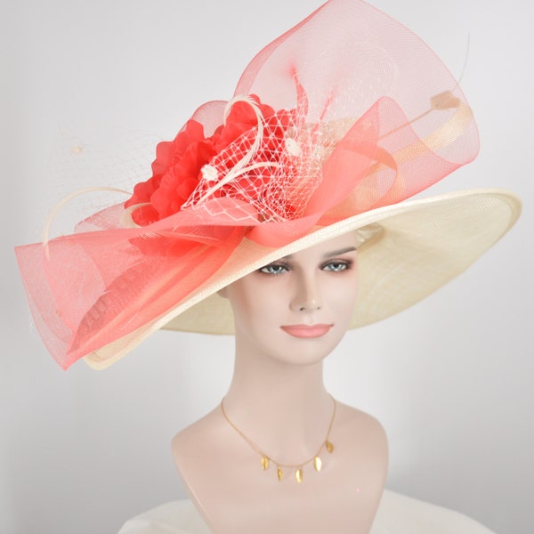 Off White/ Ivory Hat W Coral  Pink Silk  Flower  Kentucky Derby,Tea Party Carriage Party  Royal AscotWide Brim