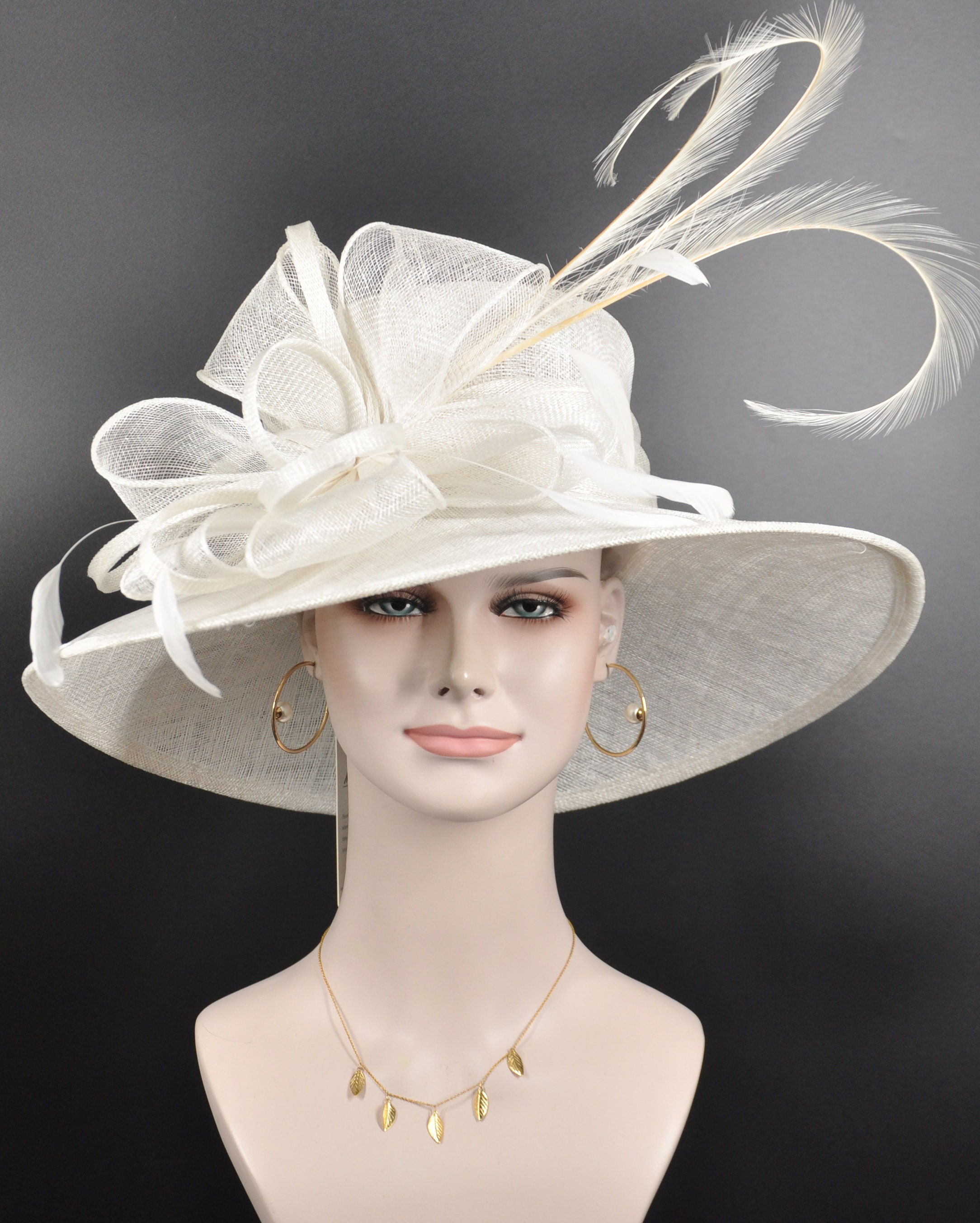 White Wide Brim Sinamay Hat, Kentucky Derby, Feather  display picture 2