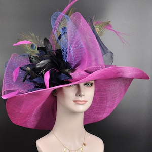 Hot Pink w Navy Blue  Bow and Peacock Feather Flowers Kentucky Derby Hat, Tea Party Hat, Church, Oaks Day, Pink Day  Wide Brim  Sinamay Hat