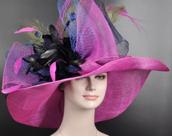 Hot Pink w Navy Blue  Bow and Peacock Feather Flowers Kentucky Derby Hat, Tea Party Hat, Church, Oaks Day, Pink Day  Wide Brim  Sinamay Hat