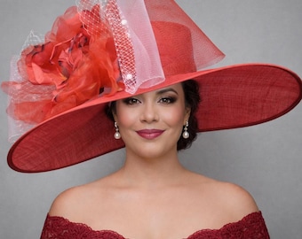 Super Wide Brim Sinamay Hat, Kentucky Derby Hat, Ascot Royal Hat, Race Day Hat, Tea&Garden Party Hat, Wedding Guests Hat,Church Hat Red Pink
