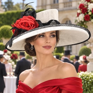 White Black Red Rose Ascot Hat Wide Brim Kentucky Derby Hat, Ascot Hat for Wedding & Tea Party, Garden Party Hat, Mother of the Bride,Church
