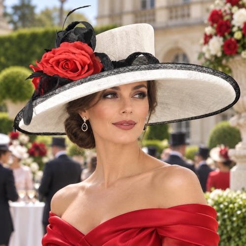 Cappello Ascot bianco, nero, rosso e rosa, a tesa larga, ideale per il Kentucky Derby, matrimoni, tea party, feste in giardino, per la madre della sposa e per la chiesa.