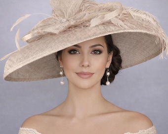 Taupe Wide Brim Kentucky Derby Hat, Ascot Hat for Wedding & Tea Party, Garden Party Hat, Mother of the Bride, Church,  Ostrich Feather Style