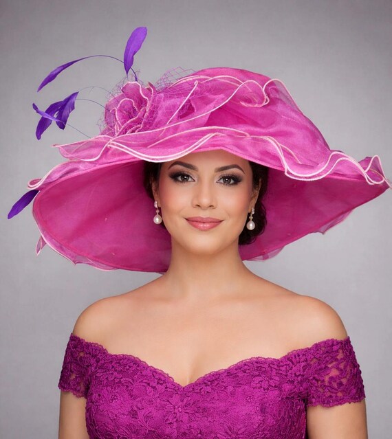 Violet Purple Organza Wide Brim Hat, Kentucky Derby Hat  display picture 3