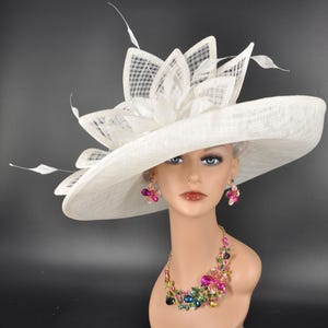 Church, Kentucky Derby Hat ,Carriage, Tea Party, Wedding, Wide Brim Sinamay Hat, Royal Ascot Hat, Horse Race Hat, Oaks day hat White
