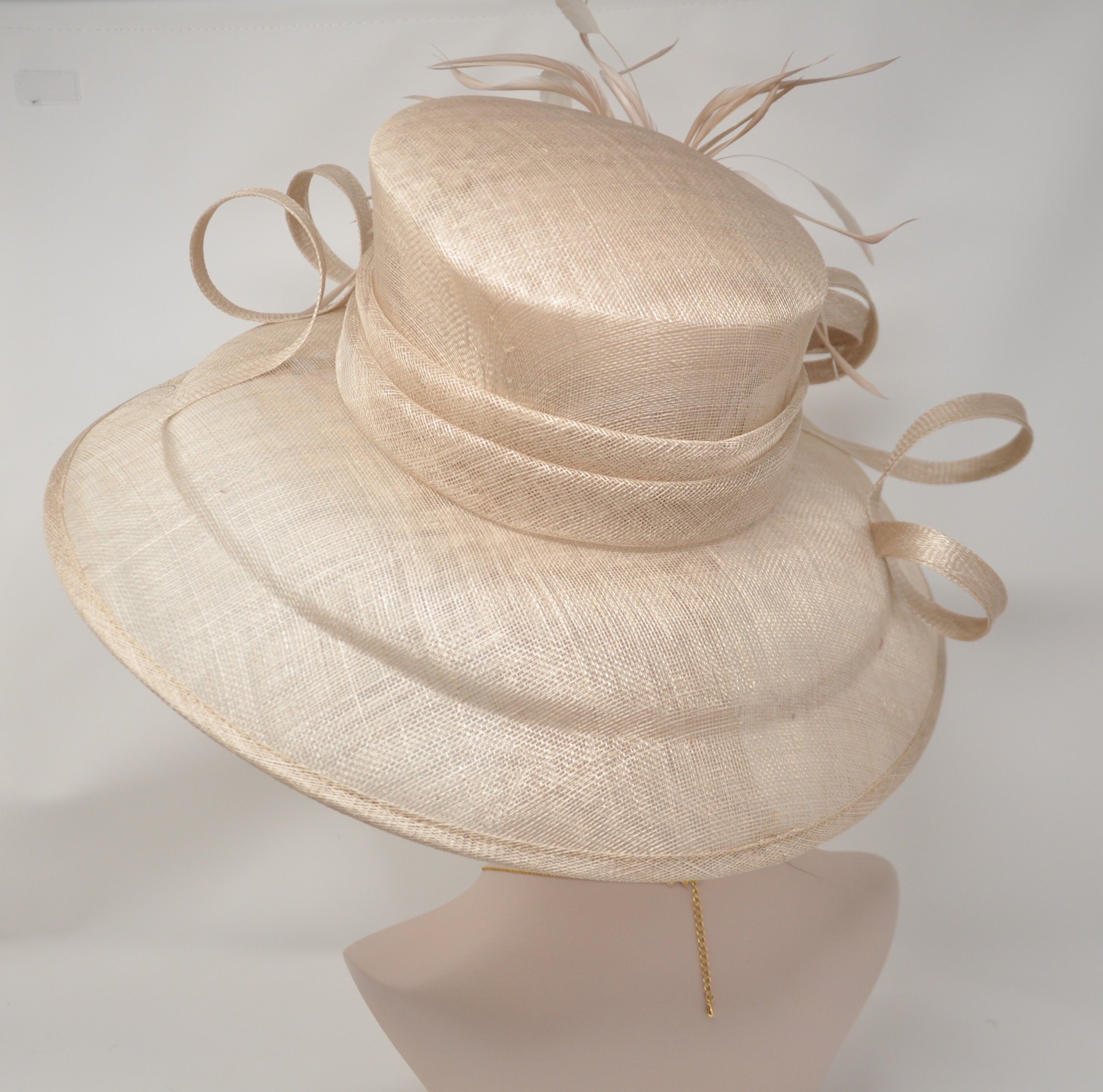 Wide Brim Champagne Derby Hat, Feather Flower Ascot Races - Etsy display picture 3