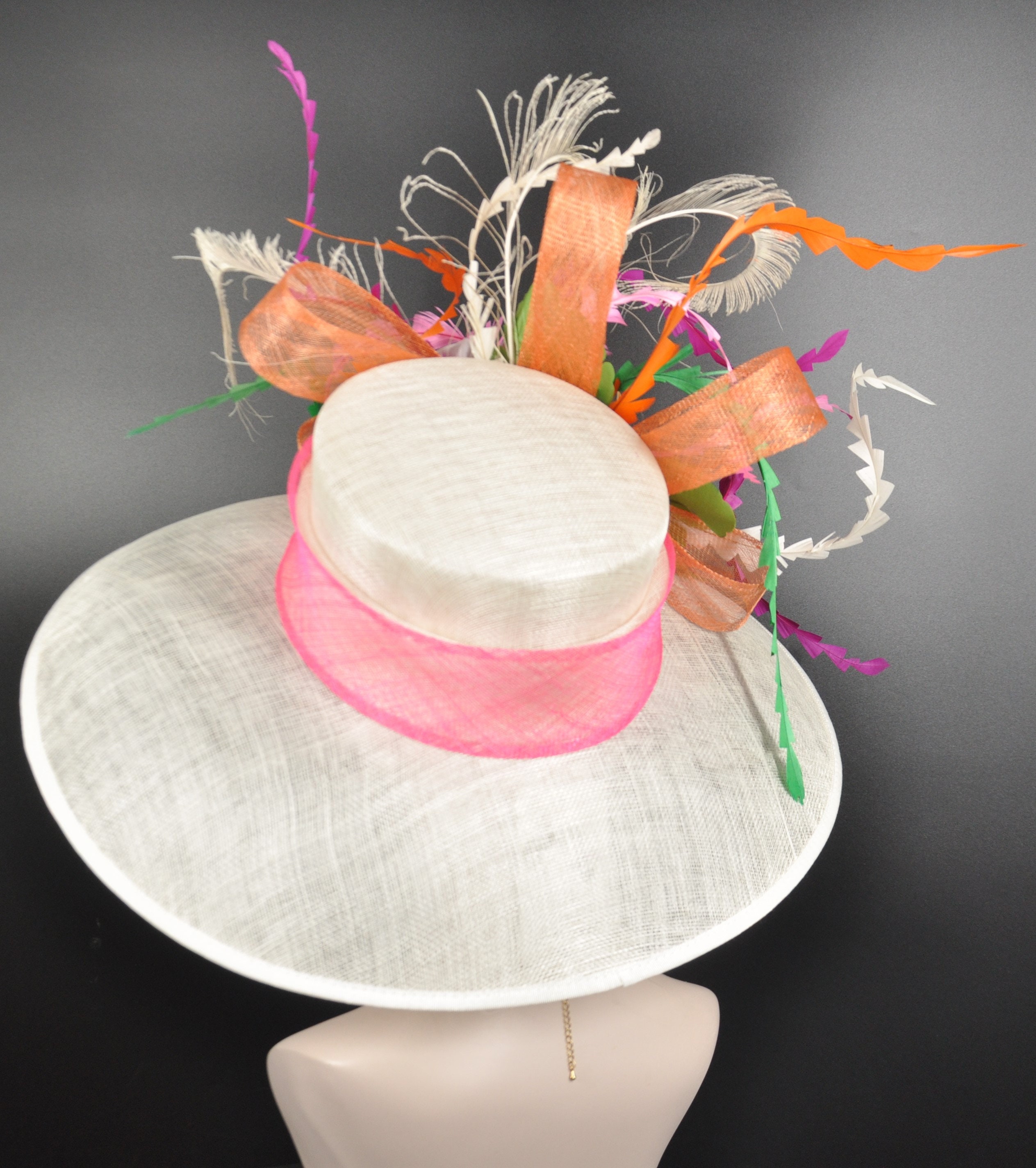 Wide Brim Sinamay Kentucky Derby Hat, Ivory W/ Pink Lily  display picture 2