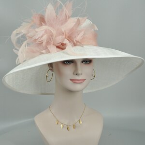 Church Kentucky Derby HatCarriage Tea Party Wedding Wide Brim  Royal A Hat  Sinamay Hat  Off White/Ivory  w Dusty/Blush  Pink Feather Flower