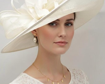 Elfenbeinfarbener cremefarbener Kentucky Derby Hut mit breiter Krempe, Ascot Hut für Hochzeit & Tee-Party, Gartenpartyhut, Mutter der Braut, Kirche